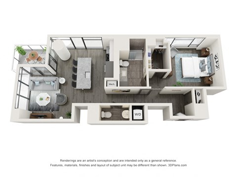 Floor plan for 1 bed, 2 baths, 936 sqft
